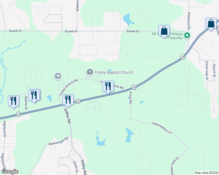 map of restaurants, bars, coffee shops, grocery stores, and more near 4065 Highway 28 in Pineville