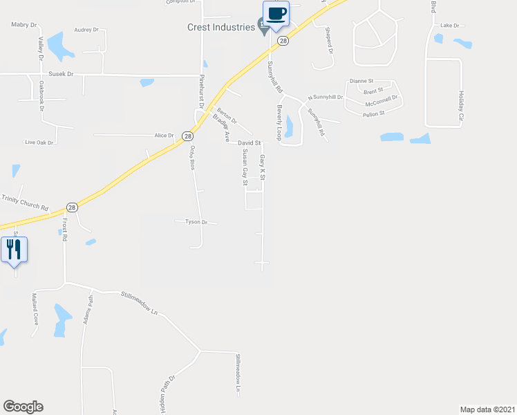 map of restaurants, bars, coffee shops, grocery stores, and more near 360 Gary K Street in Pineville