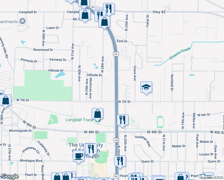 map of restaurants, bars, coffee shops, grocery stores, and more near 6313 U.S. 49 in Hattiesburg