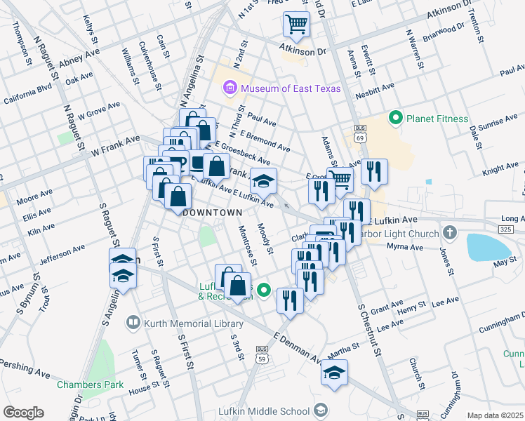 map of restaurants, bars, coffee shops, grocery stores, and more near 606 East Lufkin Avenue in Lufkin
