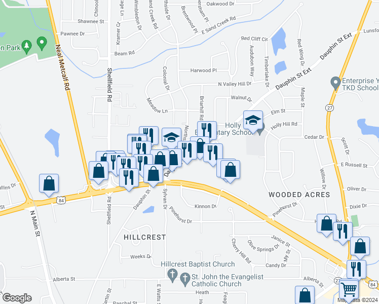 map of restaurants, bars, coffee shops, grocery stores, and more near 100 Northside Drive in Enterprise