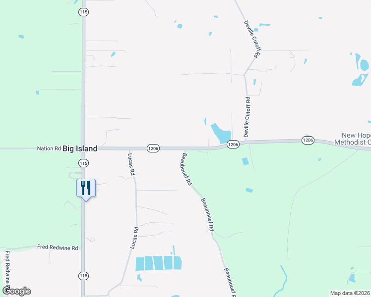 map of restaurants, bars, coffee shops, grocery stores, and more near 1 Beaubouef Road in Deville