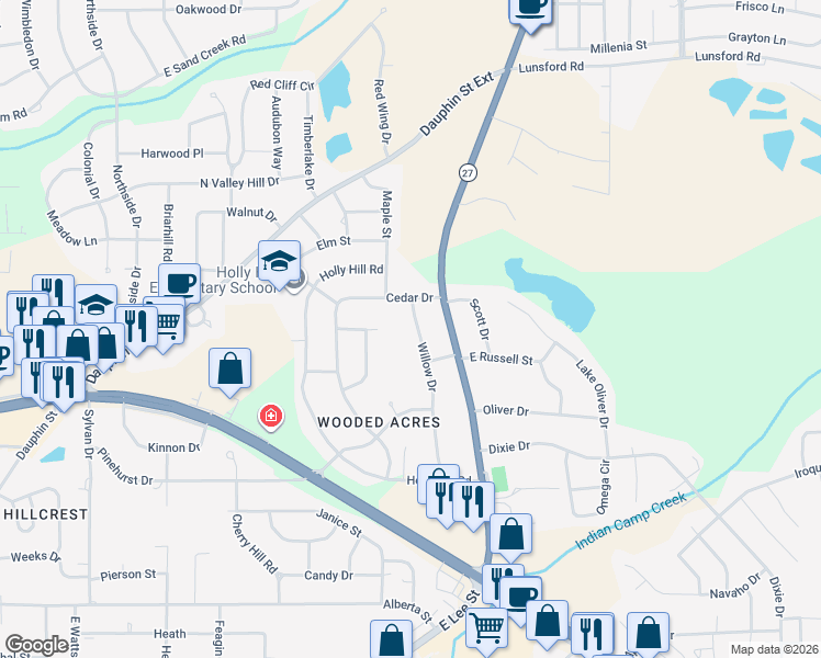 map of restaurants, bars, coffee shops, grocery stores, and more near 106 Willow Drive in Enterprise