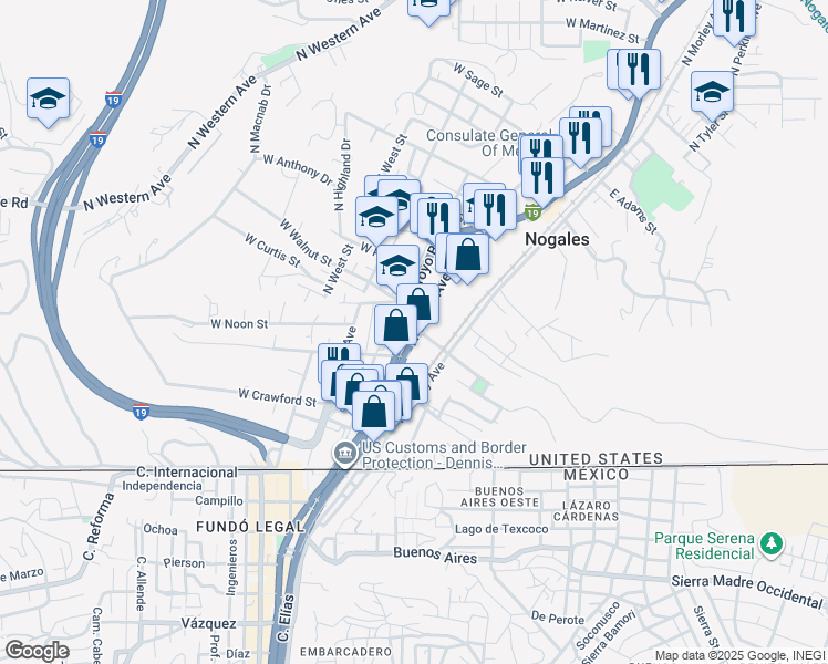 map of restaurants, bars, coffee shops, grocery stores, and more near 281-299 North Arroyo Boulevard in Nogales