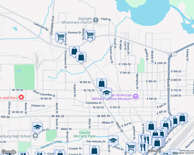 map of restaurants, bars, coffee shops, grocery stores, and more near 1402 Morris Cir in Hattiesburg