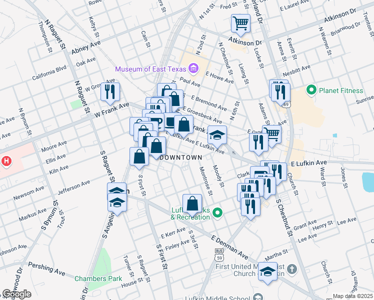 map of restaurants, bars, coffee shops, grocery stores, and more near 317 East Shepherd Avenue in Lufkin