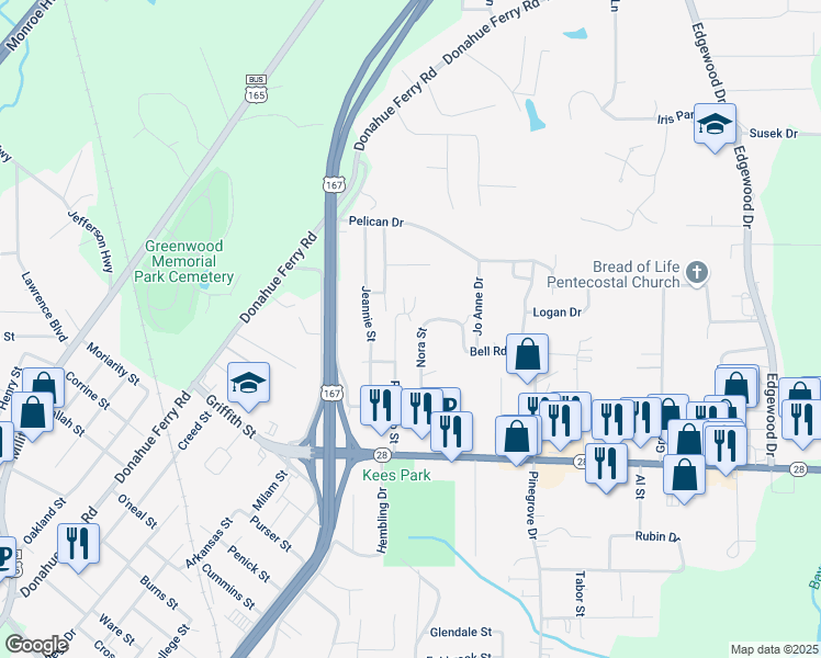 map of restaurants, bars, coffee shops, grocery stores, and more near 1318 Palmetto Street in Pineville