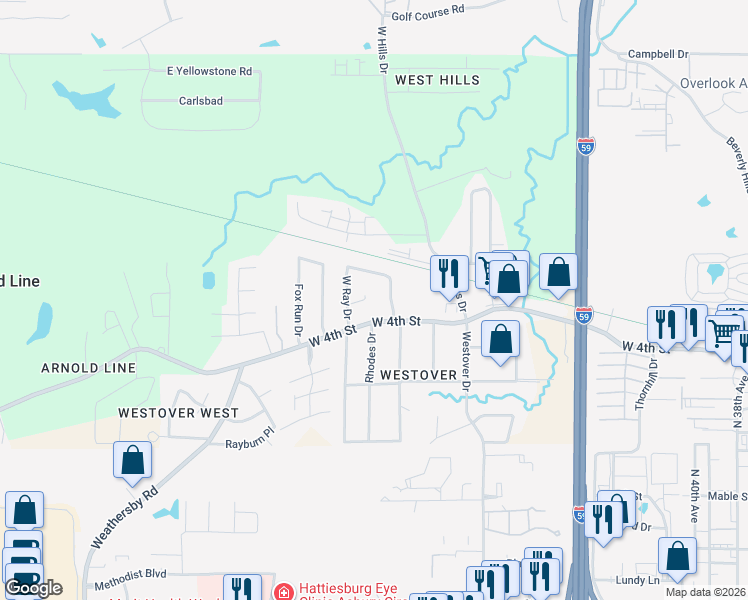 map of restaurants, bars, coffee shops, grocery stores, and more near 108 Mary Cir in Hattiesburg