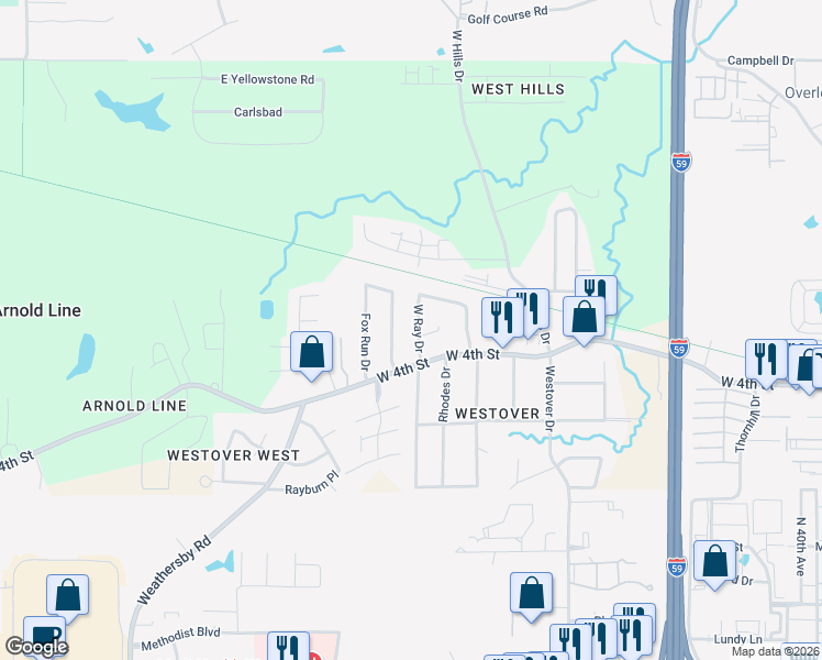 map of restaurants, bars, coffee shops, grocery stores, and more near 308 West Ray Drive in Hattiesburg