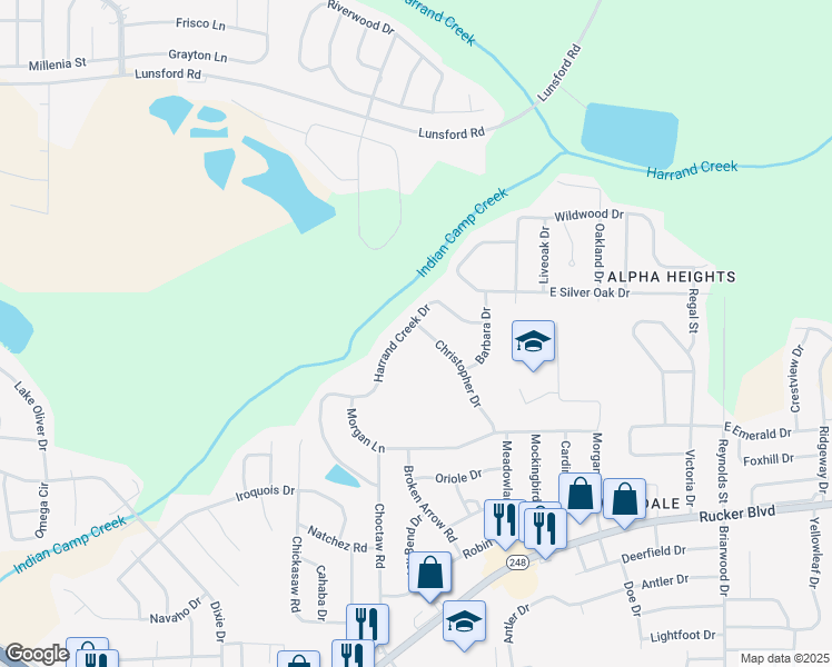 map of restaurants, bars, coffee shops, grocery stores, and more near 116 Harrand Creek Drive in Enterprise