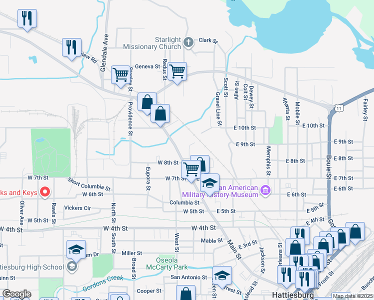 map of restaurants, bars, coffee shops, grocery stores, and more near 1402 Morris Circle in Hattiesburg