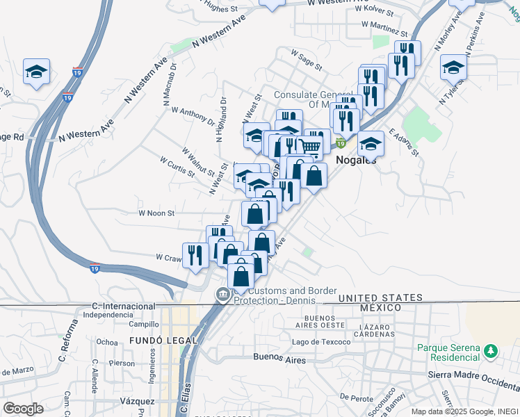 map of restaurants, bars, coffee shops, grocery stores, and more near 299 North Arroyo Boulevard in Nogales