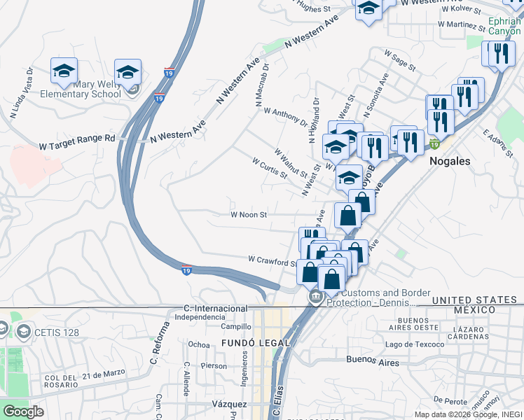 map of restaurants, bars, coffee shops, grocery stores, and more near 506 West Noon Street in Nogales