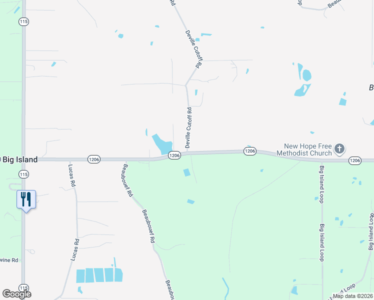 map of restaurants, bars, coffee shops, grocery stores, and more near 1 Deville Cutoff Road in Deville