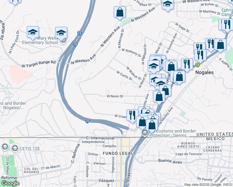 map of restaurants, bars, coffee shops, grocery stores, and more near 506 West Noon Street in Nogales