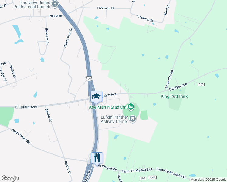 map of restaurants, bars, coffee shops, grocery stores, and more near 2515 East Lufkin Avenue in Lufkin