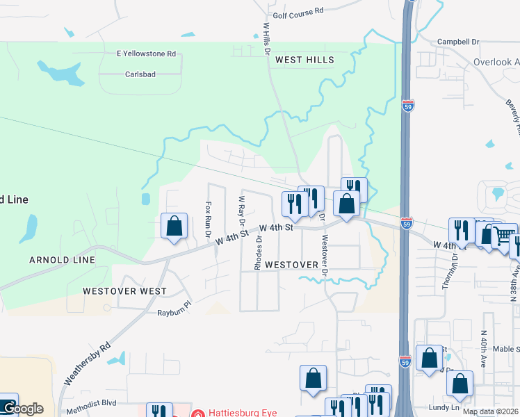 map of restaurants, bars, coffee shops, grocery stores, and more near 108 Mary Circle in Hattiesburg