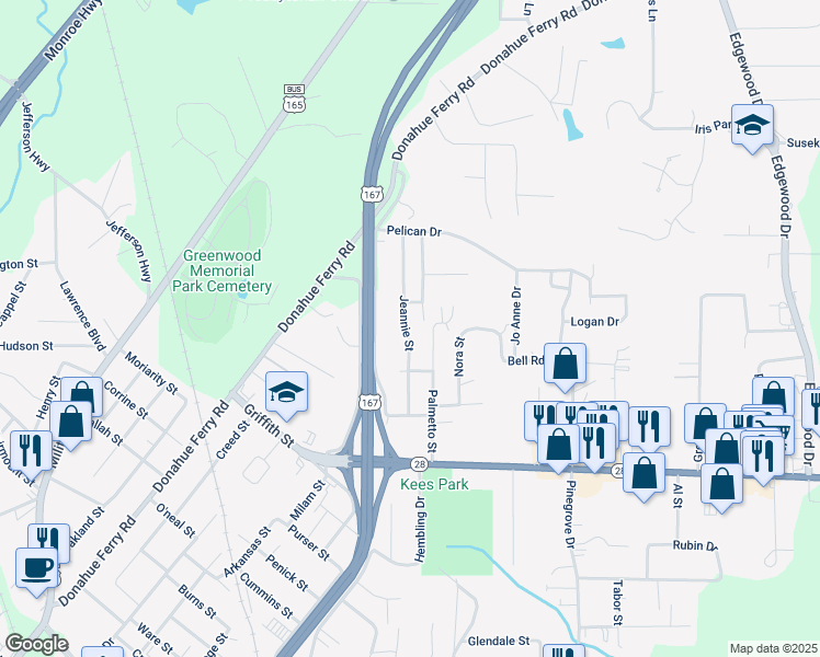map of restaurants, bars, coffee shops, grocery stores, and more near 1309 Jeannie Street in Pineville