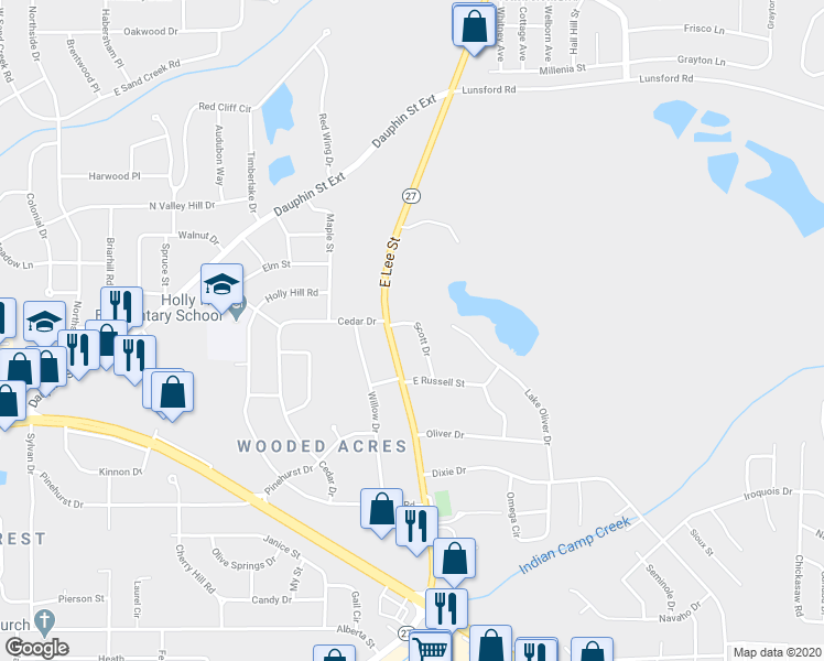 map of restaurants, bars, coffee shops, grocery stores, and more near 113 Scott Drive in Enterprise