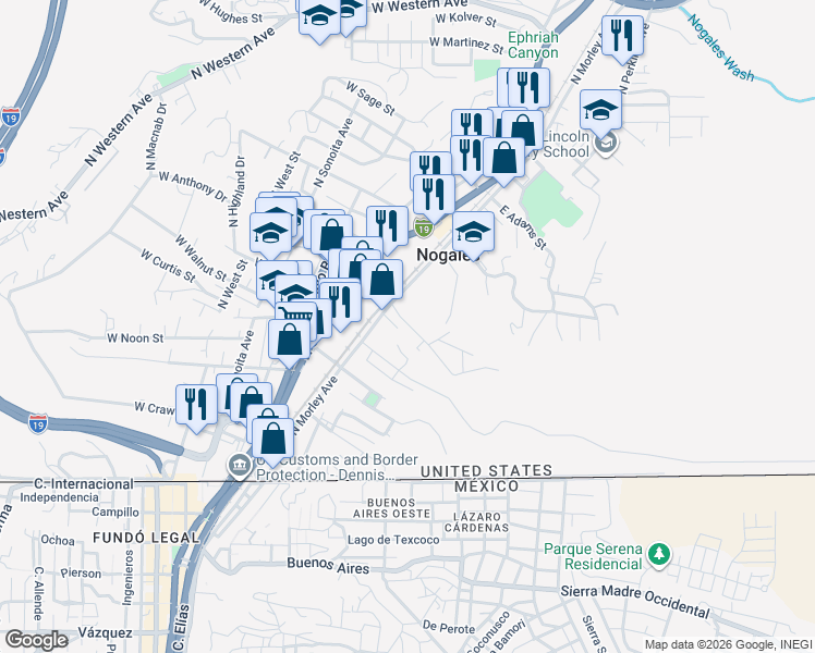 map of restaurants, bars, coffee shops, grocery stores, and more near 51 E Beck St in Nogales