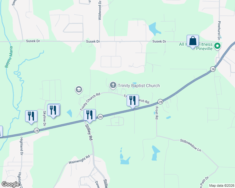 map of restaurants, bars, coffee shops, grocery stores, and more near 3914 Trinity Church Road in Pineville
