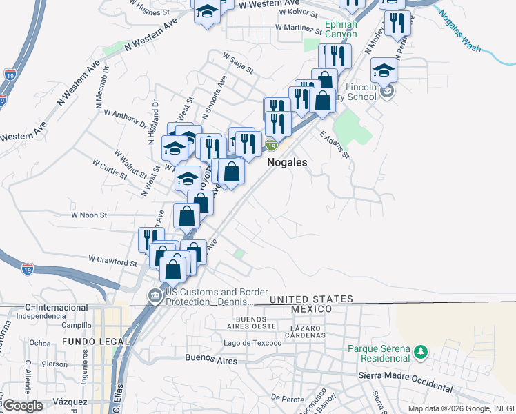 map of restaurants, bars, coffee shops, grocery stores, and more near 51 East Beck Street in Nogales