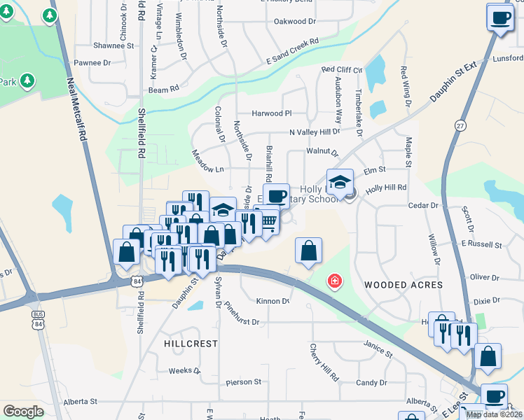 map of restaurants, bars, coffee shops, grocery stores, and more near 101 Ridgefield Place in Enterprise