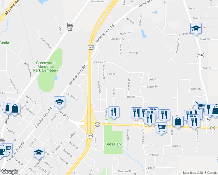 map of restaurants, bars, coffee shops, grocery stores, and more near 1318 Palmetto Street in Pineville