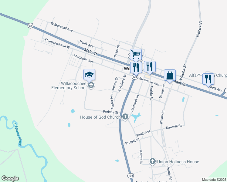 map of restaurants, bars, coffee shops, grocery stores, and more near 430 South Vickers Street in Willacoochee