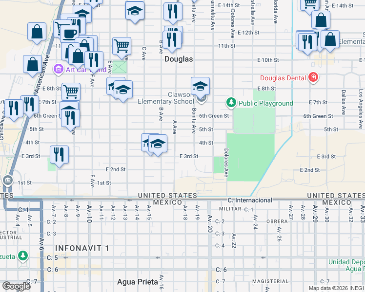 map of restaurants, bars, coffee shops, grocery stores, and more near 1131 4th Street in Douglas