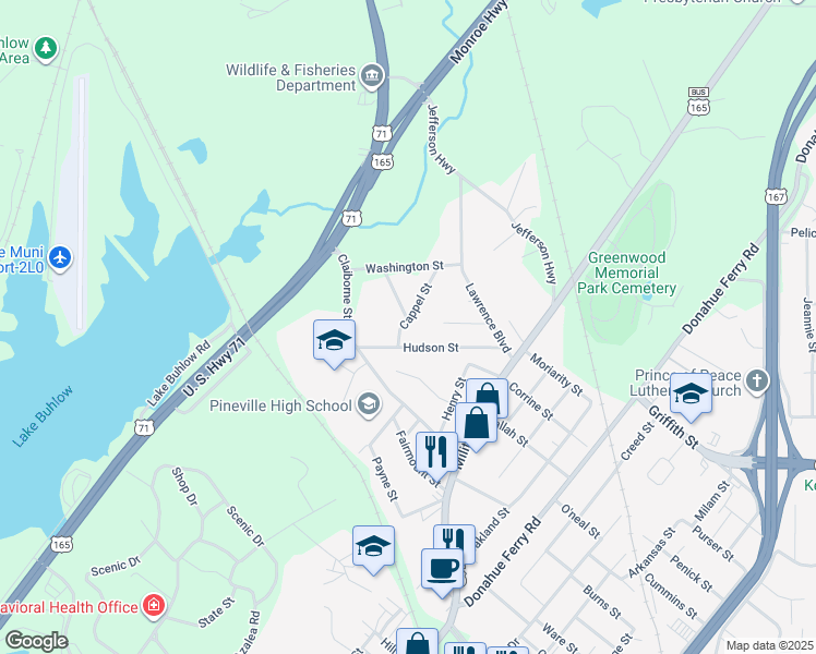 map of restaurants, bars, coffee shops, grocery stores, and more near 1905 Cappel Street in Pineville
