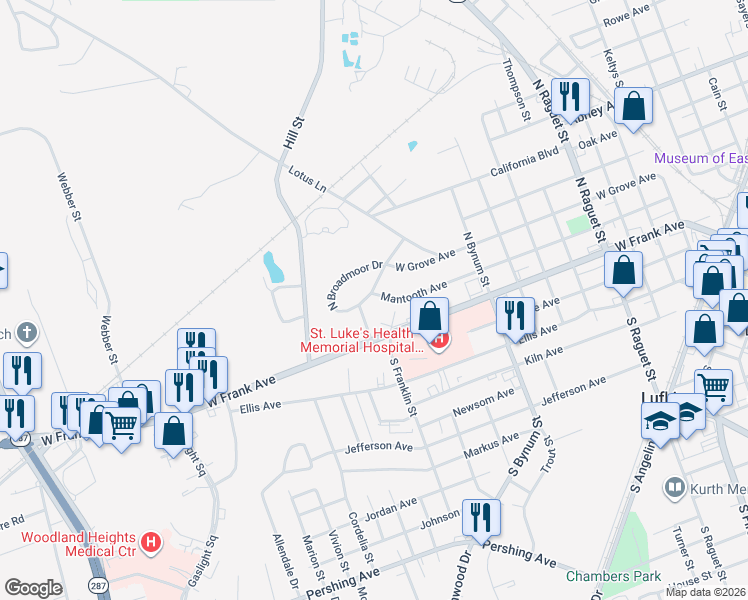 map of restaurants, bars, coffee shops, grocery stores, and more near 1501 South Broadmoor Drive in Lufkin