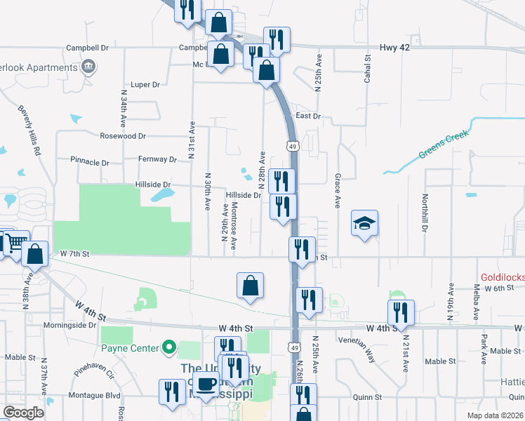 map of restaurants, bars, coffee shops, grocery stores, and more near in Hattiesburg