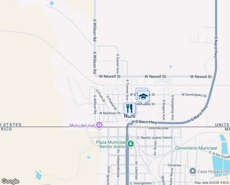 map of restaurants, bars, coffee shops, grocery stores, and more near 3730 South Rodriquez Avenue in Bisbee