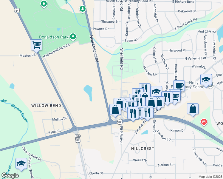 map of restaurants, bars, coffee shops, grocery stores, and more near 199 Oakridge Circle in Enterprise