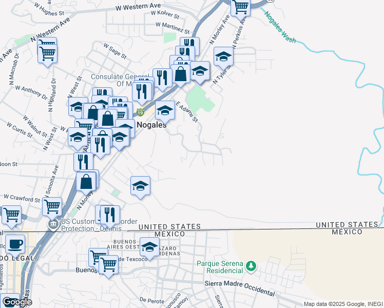 map of restaurants, bars, coffee shops, grocery stores, and more near 315 North Calle Alta in Nogales