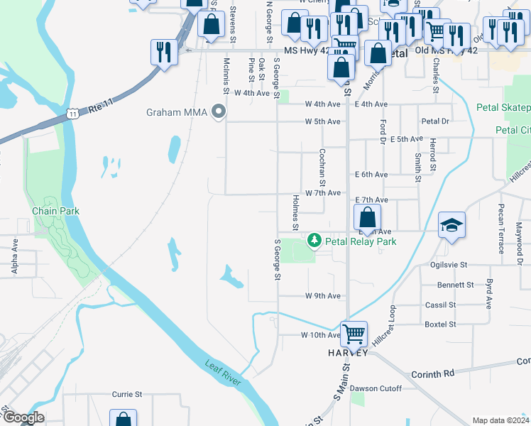 map of restaurants, bars, coffee shops, grocery stores, and more near 105 Garden Lane in Petal