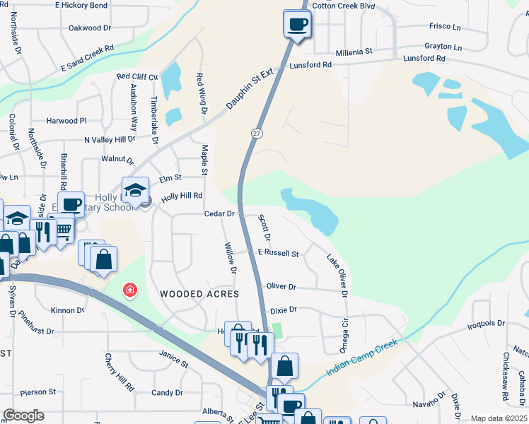 map of restaurants, bars, coffee shops, grocery stores, and more near 116 Scott Drive in Enterprise