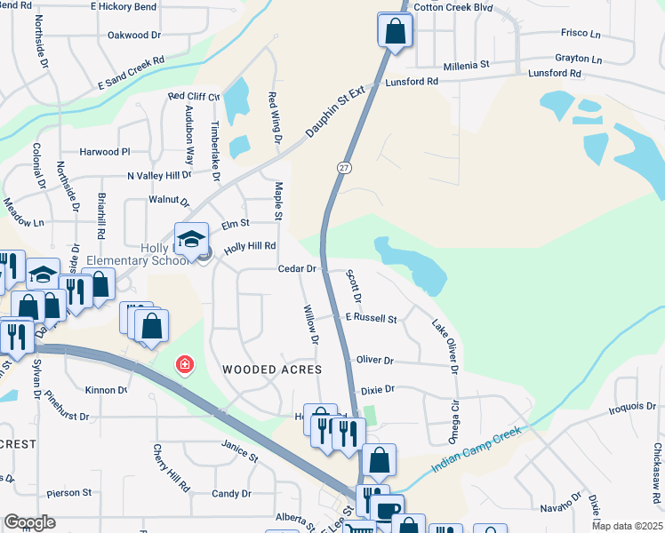 map of restaurants, bars, coffee shops, grocery stores, and more near 1100 East Lee Street in Enterprise