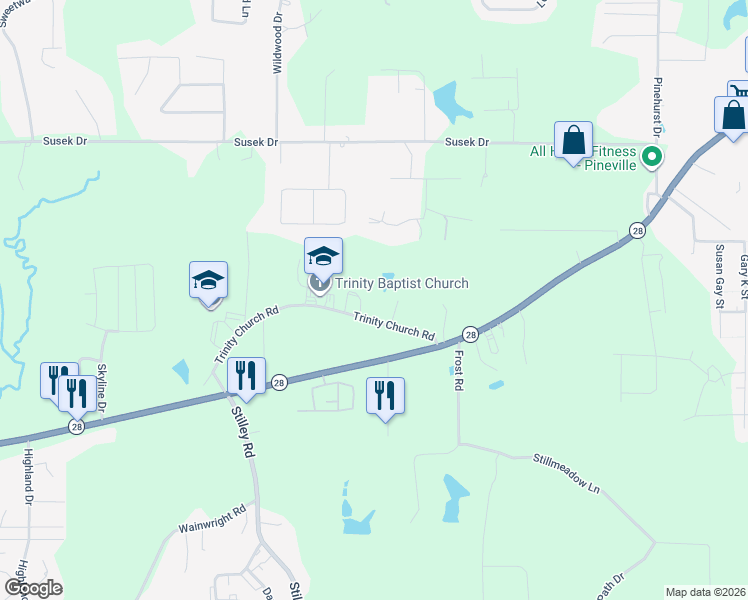 map of restaurants, bars, coffee shops, grocery stores, and more near 3925 Trinity Church Road in Pineville