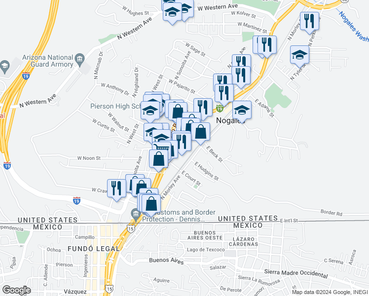 map of restaurants, bars, coffee shops, grocery stores, and more near 316 North Grand Court Plaza in Nogales