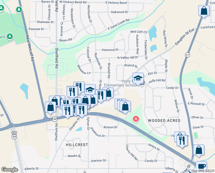 map of restaurants, bars, coffee shops, grocery stores, and more near 101 Ridgefield Place in Enterprise