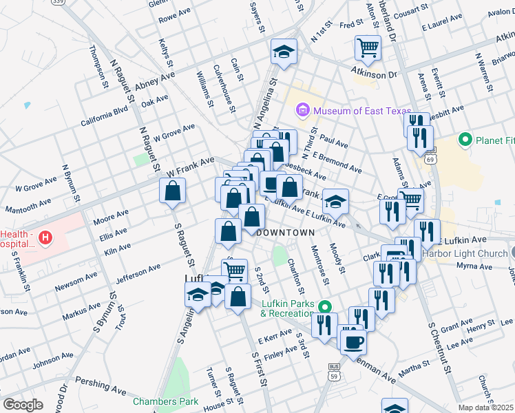 map of restaurants, bars, coffee shops, grocery stores, and more near 113 South 1st Street in Lufkin