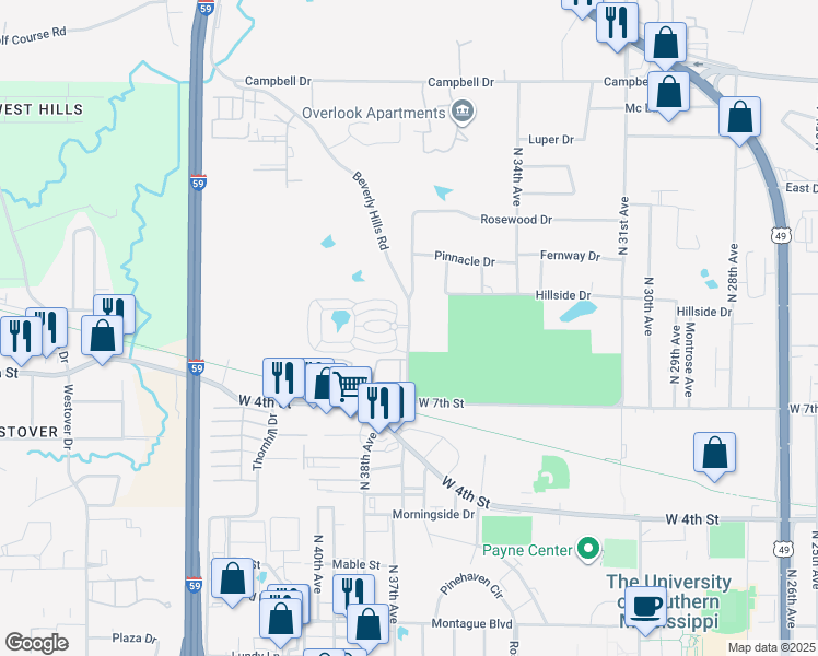 map of restaurants, bars, coffee shops, grocery stores, and more near 900 Beverly Hills Road in Hattiesburg