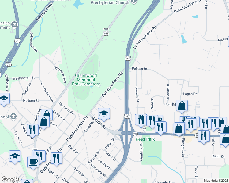 map of restaurants, bars, coffee shops, grocery stores, and more near 2030 Donahue Ferry Road in Pineville