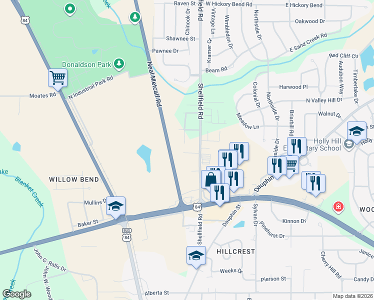 map of restaurants, bars, coffee shops, grocery stores, and more near 199 Oakridge Circle in Enterprise