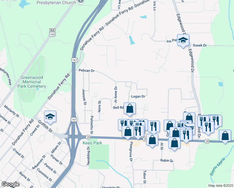 map of restaurants, bars, coffee shops, grocery stores, and more near 115 Jo Anne Drive in Pineville