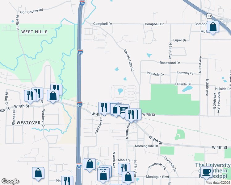 map of restaurants, bars, coffee shops, grocery stores, and more near 900 Beverly Hills Road in Hattiesburg