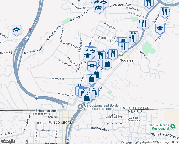 map of restaurants, bars, coffee shops, grocery stores, and more near 220 West Walnut Street in Nogales