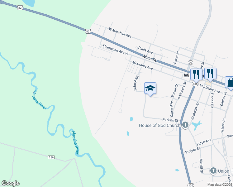 map of restaurants, bars, coffee shops, grocery stores, and more near Ruby Giddens Street in Willacoochee